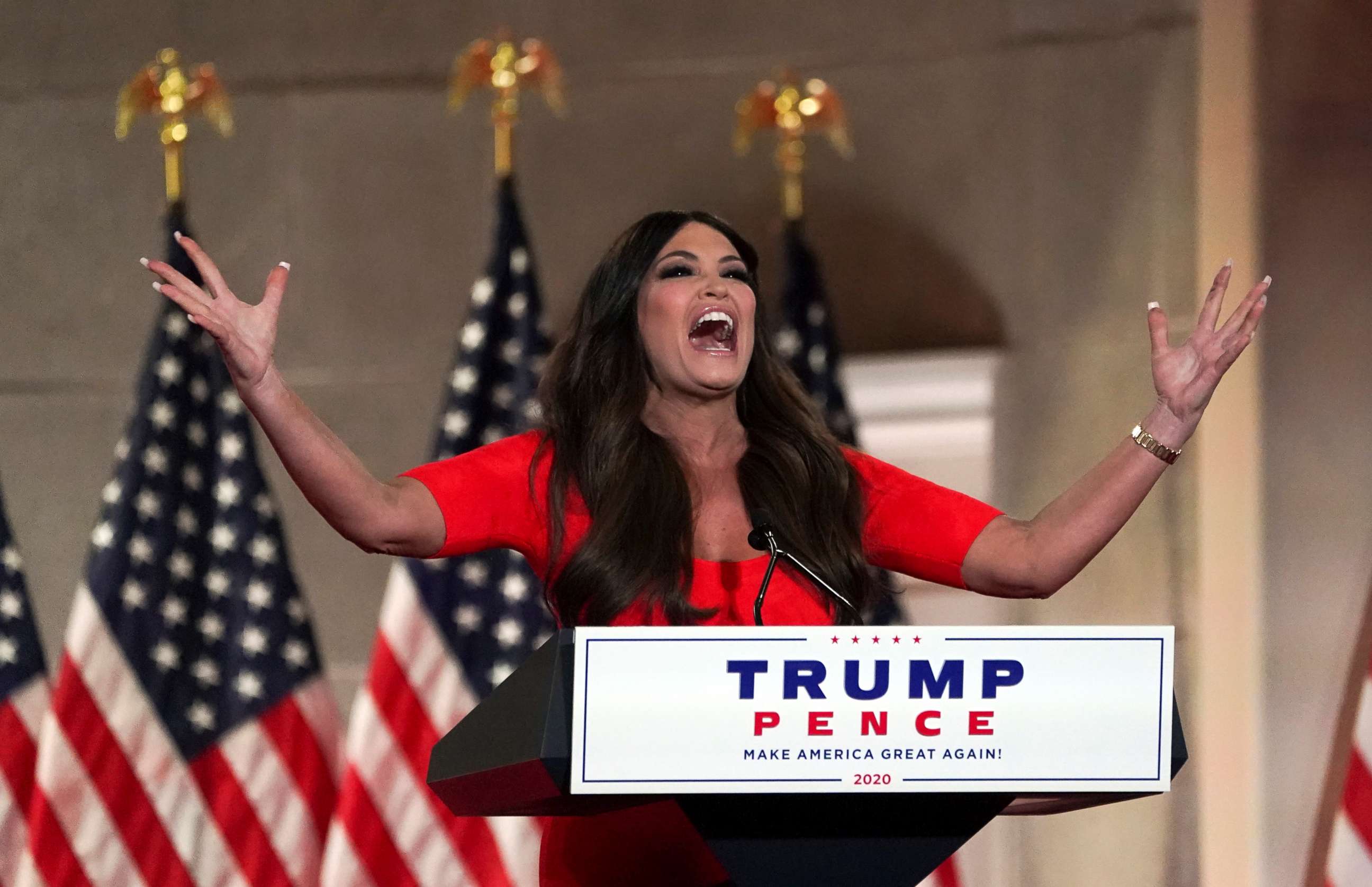 PHOTO: Kimberly Guilfoyle, the National Chair of the "Trump Victory Finance Committee" and girlfriend of Donald Trump Jr., delivers a speech to the largely virtual 2020 Republican National Convention, from Washington, Aug. 24, 2020.