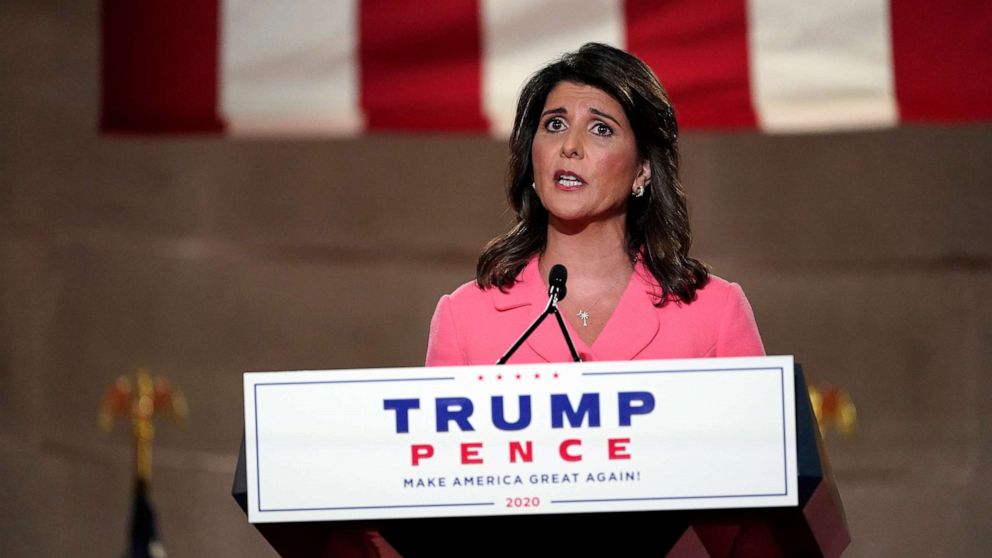 PHOTO: Former U.N. Ambassador Nikki Haley speaks during the Republican National Convention from the Andrew W. Mellon Auditorium in Washington, Aug. 24, 2020.