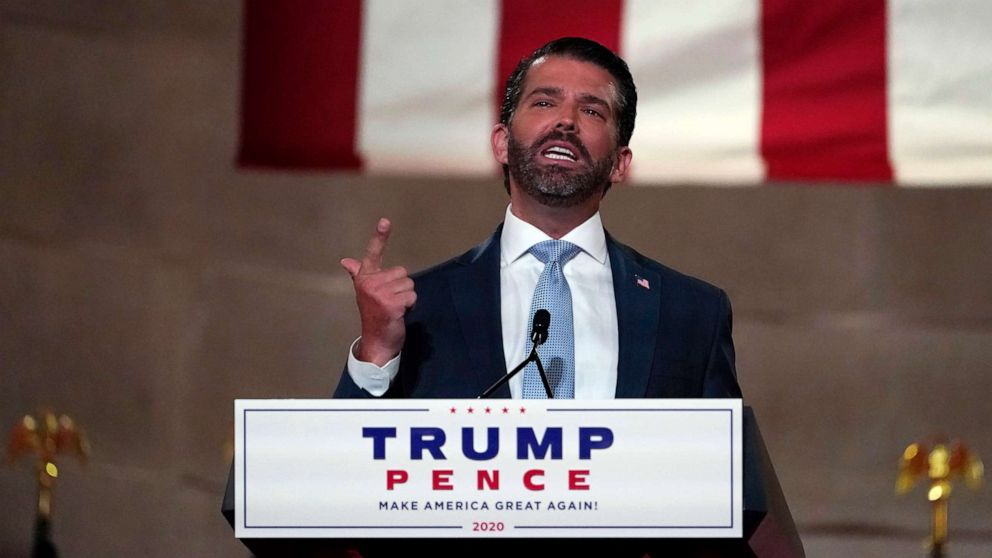 PHOTO: Donald Trump Jr., speaks as he tapes his speech for the first day of the Republican National Convention from the Andrew W. Mellon Auditorium in Washington, Aug. 24, 2020.