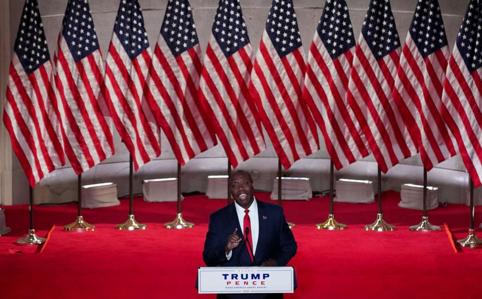 PHOTO: Sen. Tim Scott speaks to the largely virtual 2020 Republican National Convention in a live address from the Mellon Auditorium in Washington, Aug. 24, 2020.