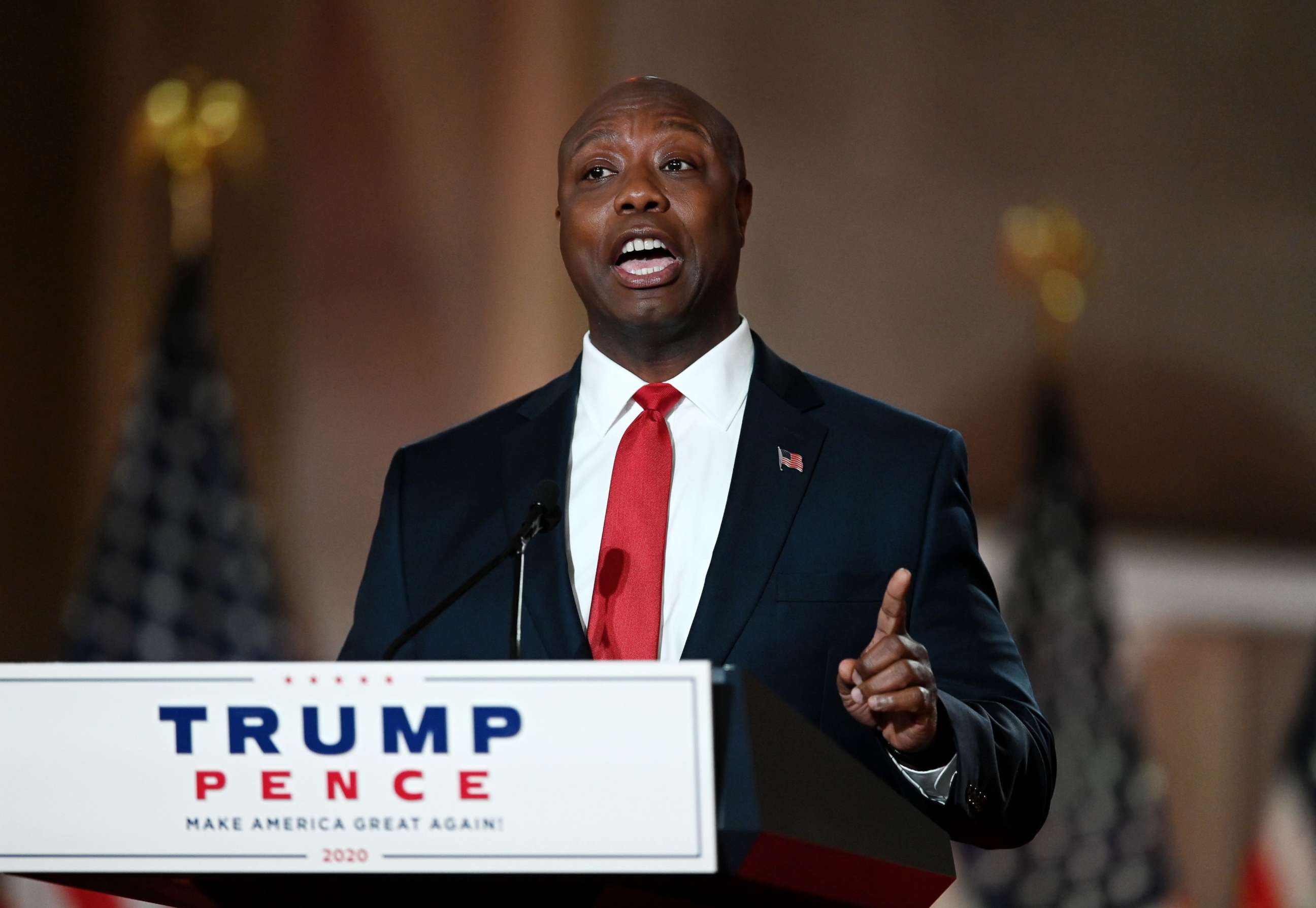 PHOTO: Sen. Tim Scott speaks during the first day of the Republican convention at the Mellon auditorium on Aug. 24, 2020, in Washington.