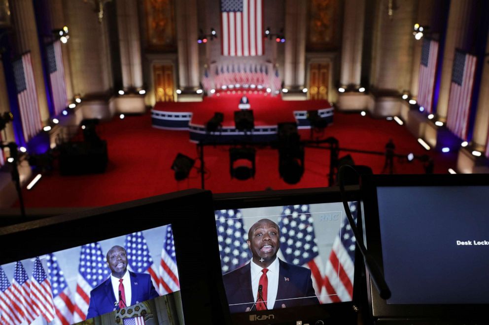 PHOTO: Sen. Tim Scott stands addresses the Republican National Convention at the Mellon Auditorium on Aug. 24, 2020, in Washington.