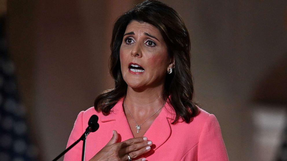 PHOTO: Former Ambassador to the United Nations Nikki Haley speaks during the first day of the Republican convention at the Mellon auditorium on Aug. 24, 2020, in Washington.