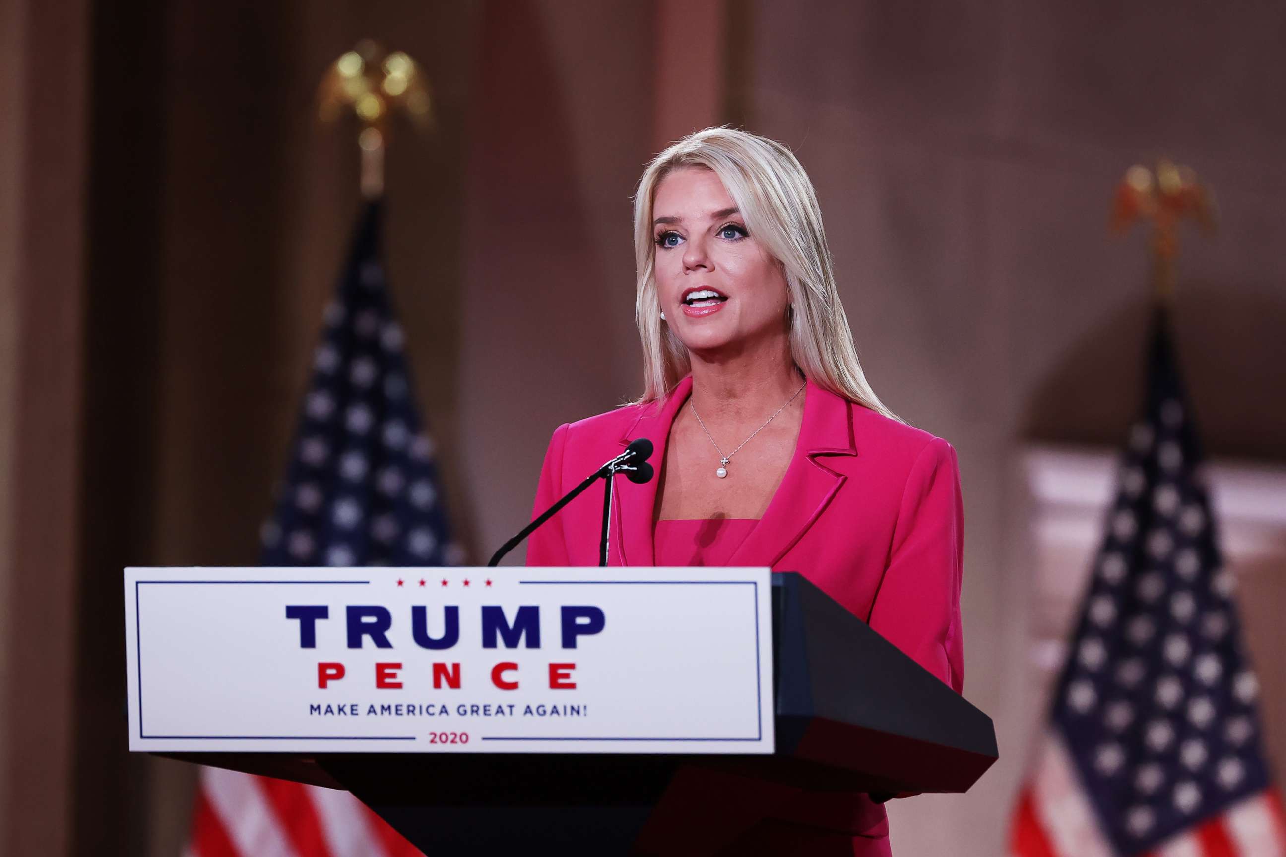 PHOTO: Former Florida Attorney General Pam Bondi takes to the podium at the Mellon Auditorium to address the Republican National Convention, Aug. 25, 2020, in Washington.