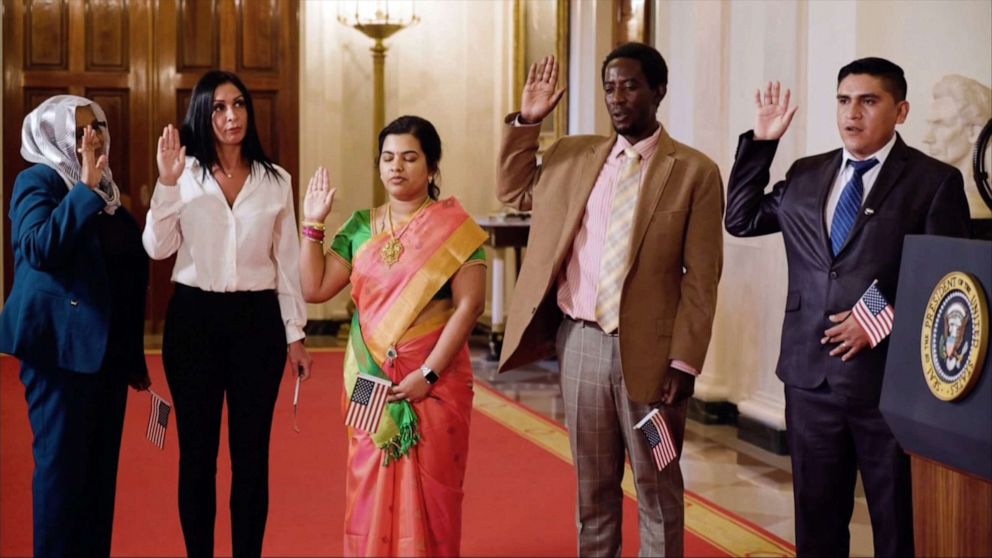 PHOTO: President Donald Trump attends a naturalization ceremony for five new citizens of the United States in a video that aired during the second night of the 2020 Republican National Convention, Aug. 25, 2020.