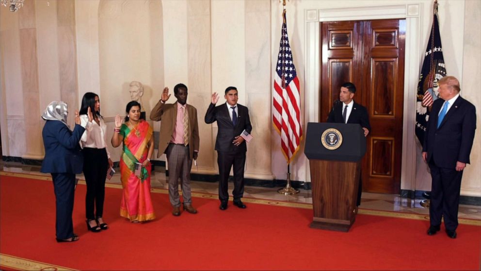 PHOTO: President Donald Trump attends a naturalization ceremony for five new citizens of the United States in a video that aired during the second night of the 2020 Republican National Convention, Aug. 25, 2020.