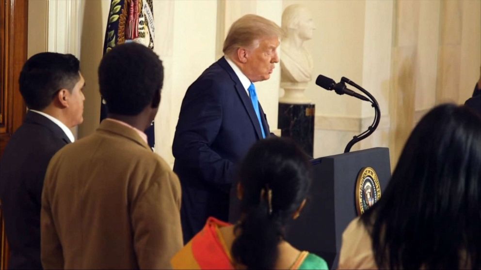 PHOTO: President Donald Trump attends a naturalization ceremony for five new citizens of the United States in a video that aired during the second night of the 2020 Republican National Convention, Aug. 25, 2020.