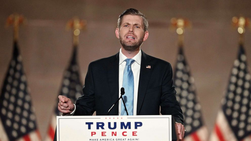PHOTO: Eric Trump delivers a pre-recorded speech at the Andrew W. Mellon Auditorium in Washington, Aug. 25, 2020, on the second day of the Republican National Convention.