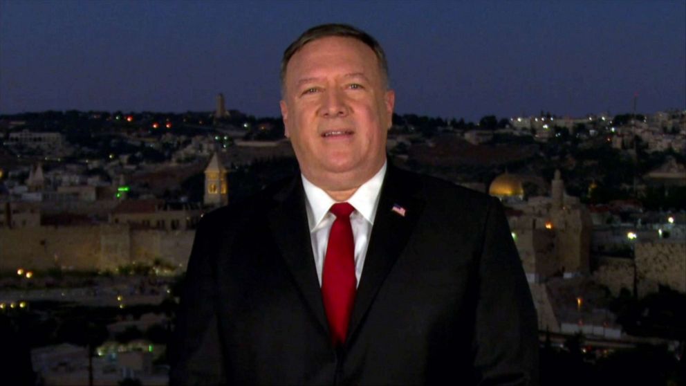 PHOTO: Secretary of State Mike Pompeo speaks by video feed from Jerusalem during the second night of the 2020 Republican National Convention, Aug. 25, 2020.