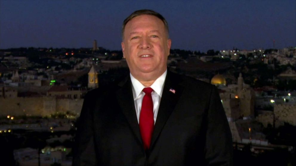 PHOTO: Secretary of State Mike Pompeo speaks by video feed from Jerusalem during the second night of the 2020 Republican National Convention, Aug. 25, 2020.