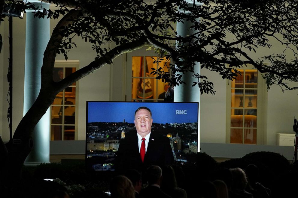 PHOTO: Secretary of State Mike Pompeo is seen giving his live address to the 2020 Republican National Convention from Israel on a monitor set up in the Rose Garden of the White House in Washington, Aug. 25, 2020.