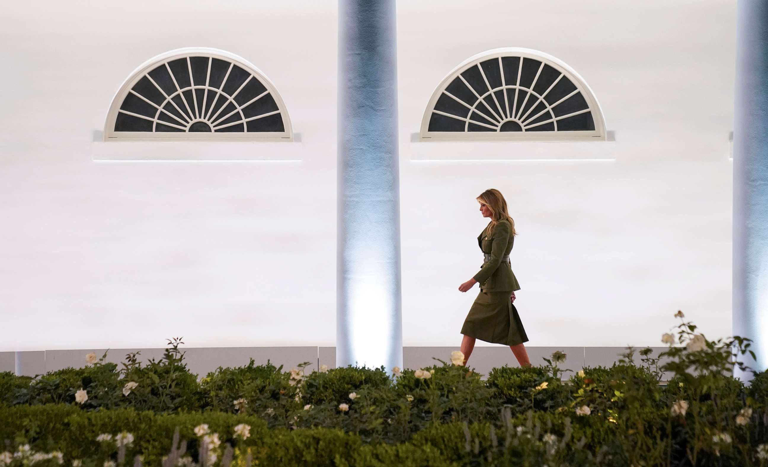 PHOTO: First lady Melania Trump walks up the White House West Wing colonnade as she arrives to deliver her live address to the largely virtual 2020 Republican National Convention from the Rose Garden of the White House in Washington, Aug. 25, 2020.