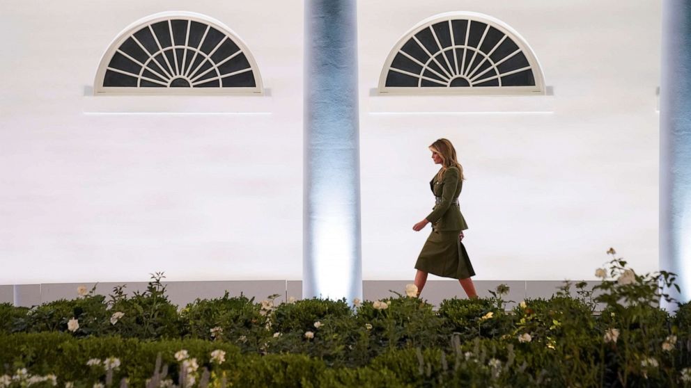 PHOTO: First lady Melania Trump walks up the White House West Wing colonnade as she arrives to deliver her live address to the largely virtual 2020 Republican National Convention from the Rose Garden of the White House in Washington, Aug. 25, 2020.