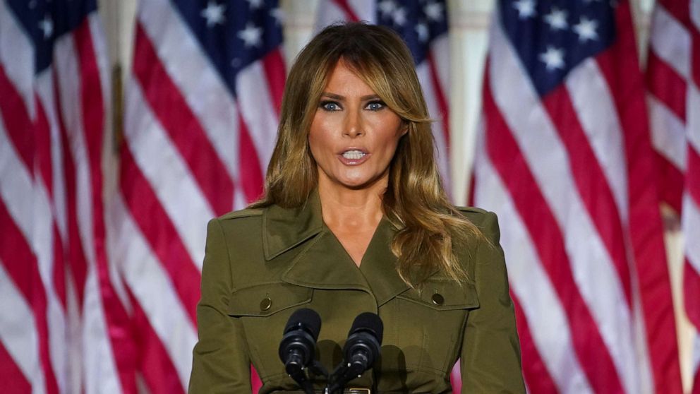 PHOTO: First lady Melania Trump delivers her live address to the largely virtual 2020 Republican National Convention from the Rose Garden of the White House in Washington, Aug. 25, 2020.
