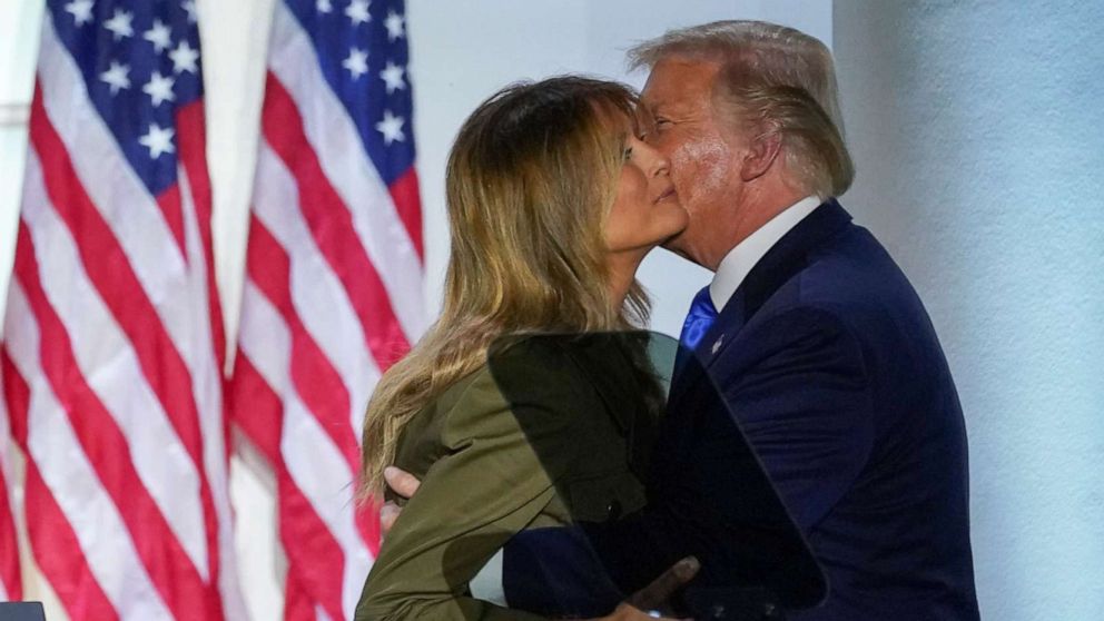 PHOTO: First lady Melania Trump is kissed by President Donald Trump after delivering her live address to the 2020 Republican National Convention from the Rose Garden of the White House in Washington, Aug. 25, 2020.