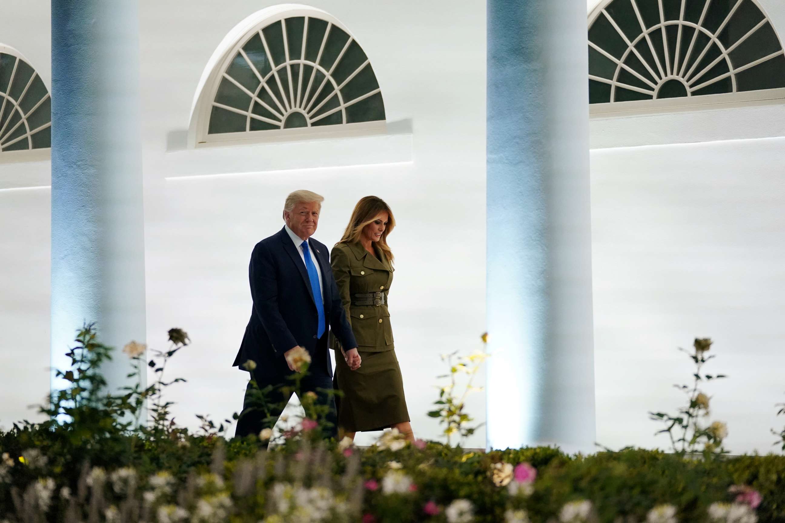 PHOTO: First lady Melania Trump departs with President Donald Trump after delivering her live address to the 2020 Republican National Convention from the Rose Garden of the White House in Washington, Aug. 25, 2020.