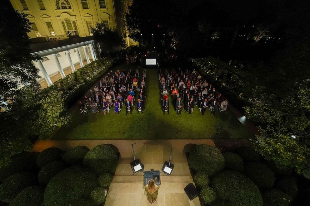 PHOTO: First lady Melania Trump speaks on the second night of the Republican National Convention from the Rose Garden of the White House, Aug. 25, 2020, in Washington.
