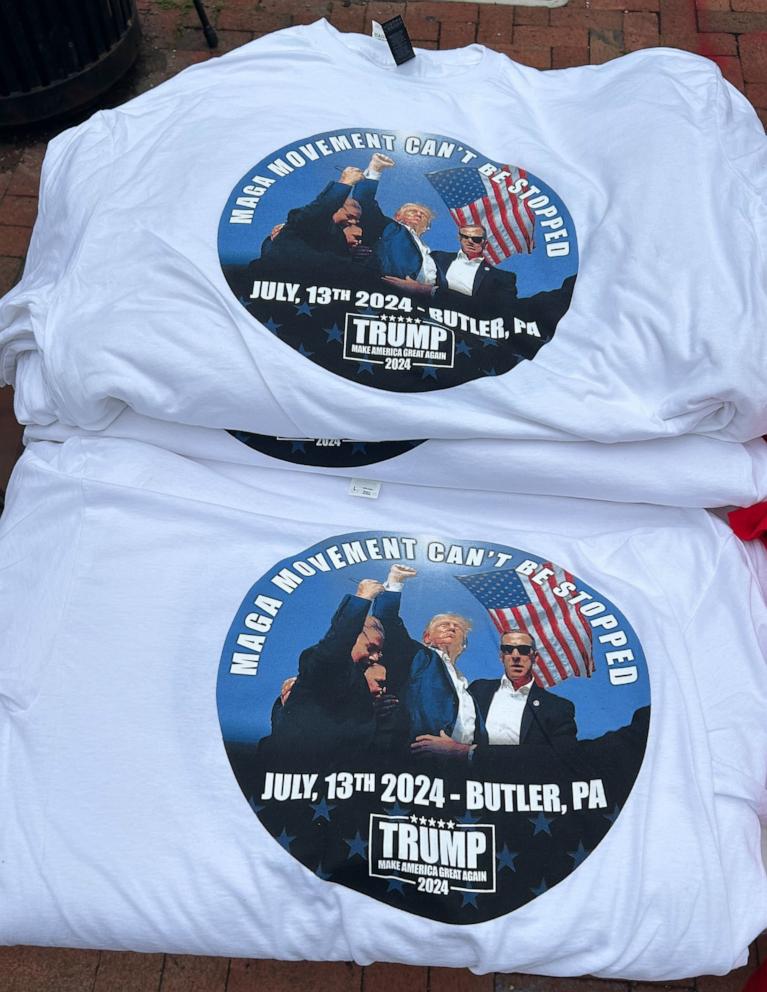 PHOTO: A vendor sells t-shirts honoring former President Donald Trump outside the Republican National Convention on July 16, 2024.