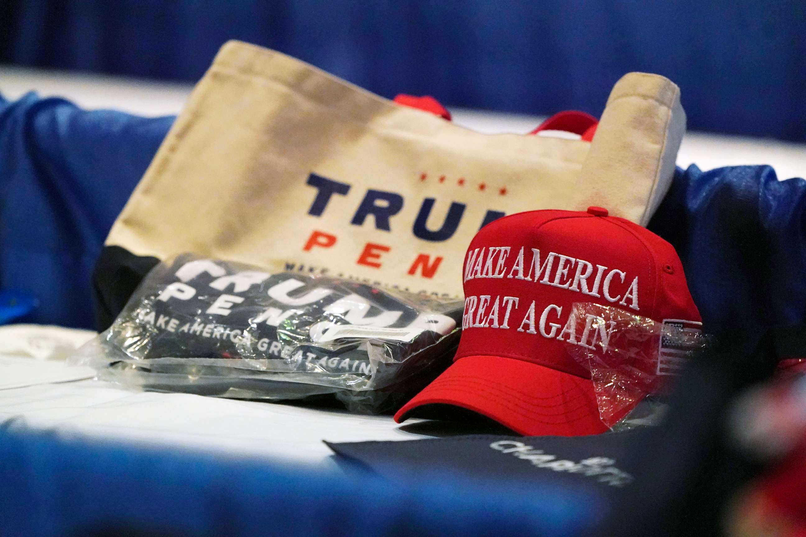 PHOTO: Some of the items from the delegate gift bag are shown during for the first day of the Republican National Convention, Aug. 24, 2020, in Charlotte.