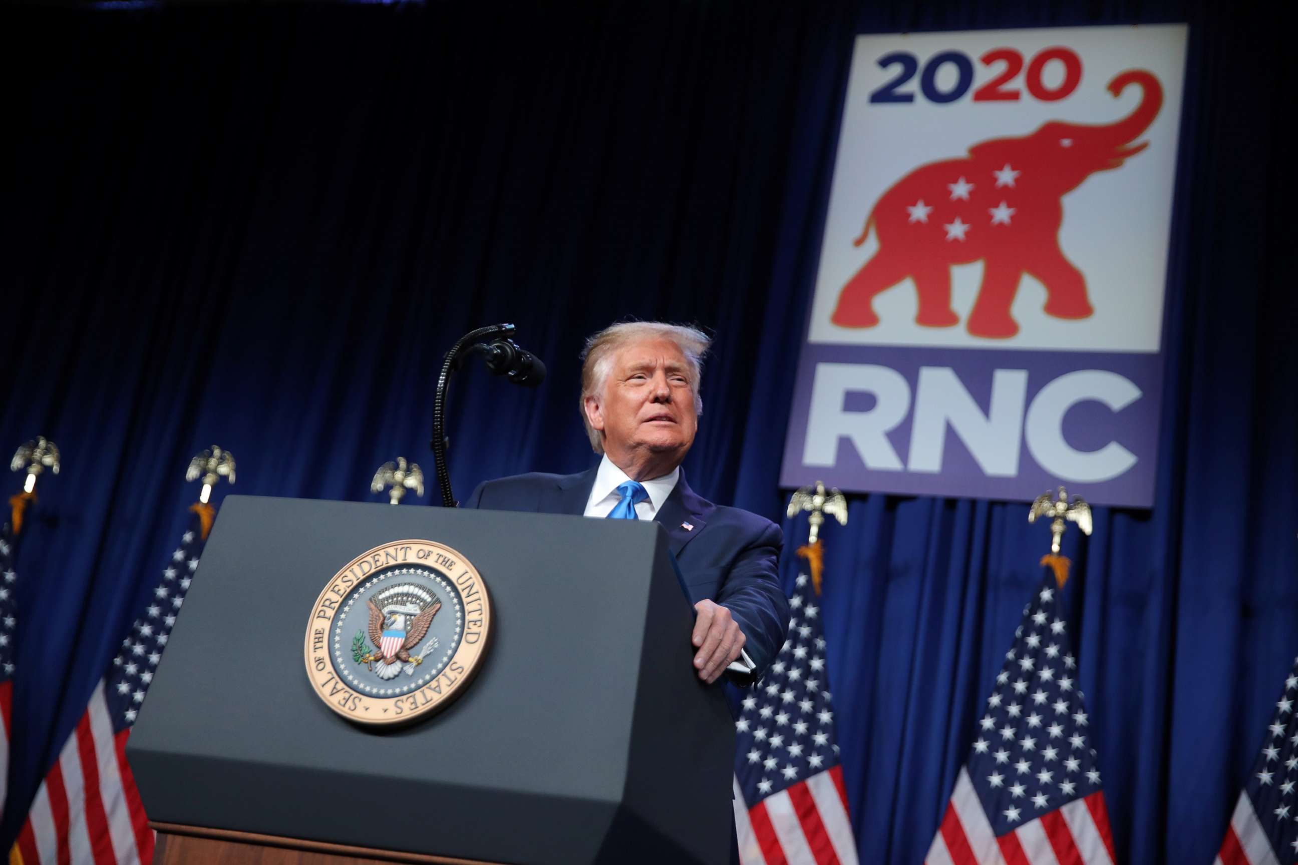 PHOTO: President Donald Trump addresses the first day of the Republican National Convention after he delegates voted to confirm him as the Republican 2020 presidential nominee for re-election in Charlotte, Aug. 24, 2020.