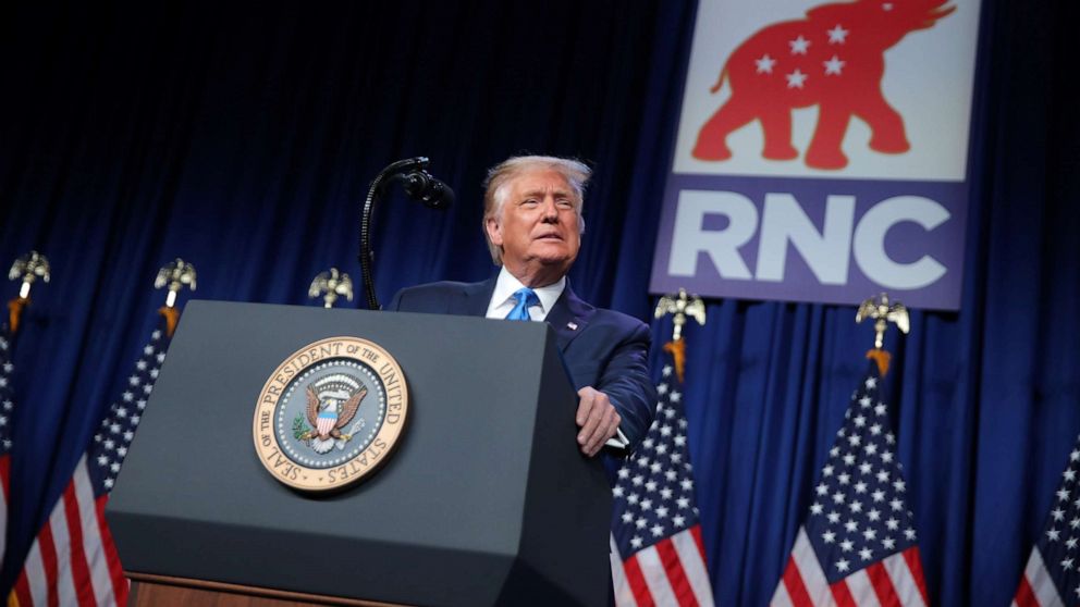 PHOTO: President Donald Trump addresses the first day of the Republican National Convention after he delegates voted to confirm him as the Republican 2020 presidential nominee for re-election in Charlotte, Aug. 24, 2020.