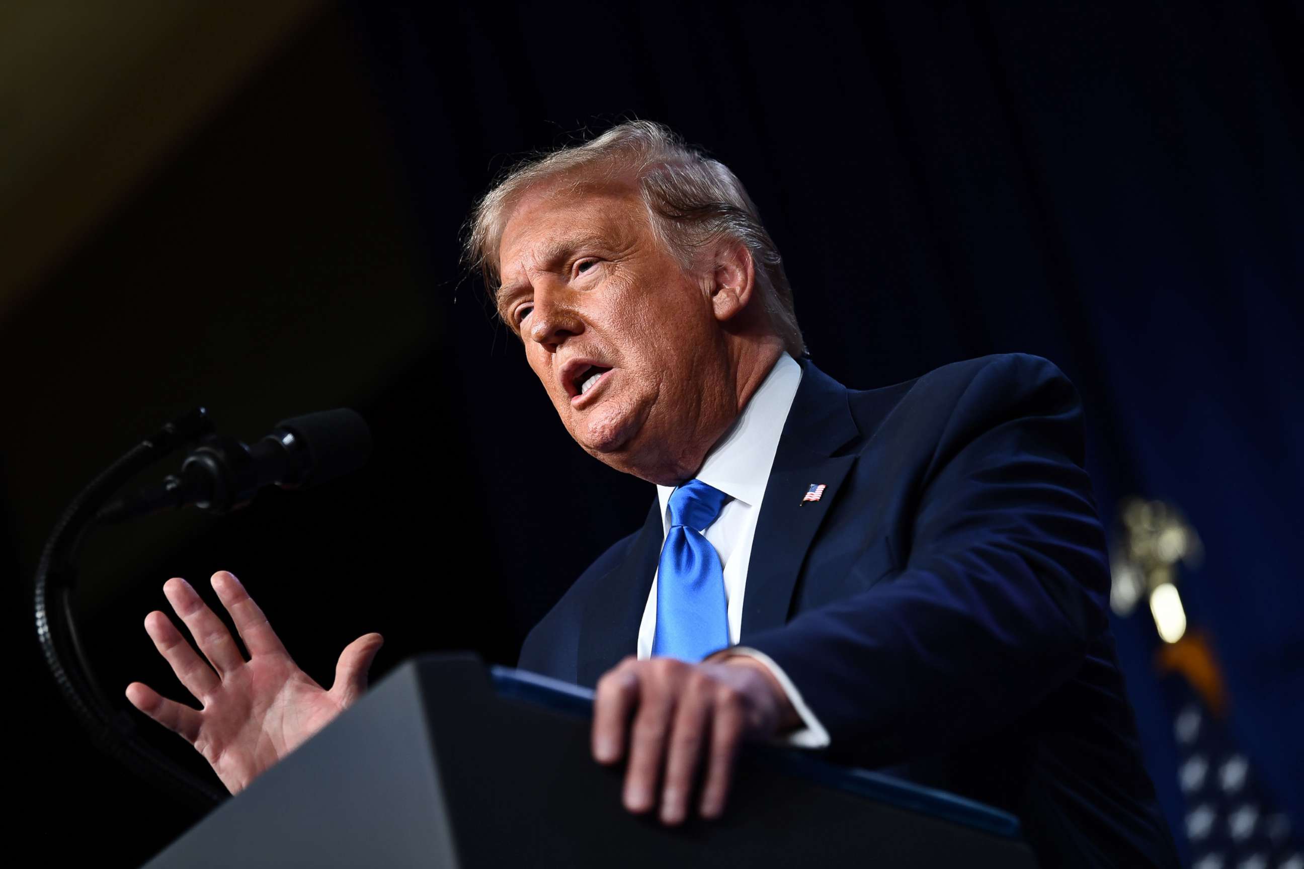 PHOTO: President Donald Trump speaks as delegates gather during the first day of the Republican National Convention on Aug. 24, 2020, in Charlotte.