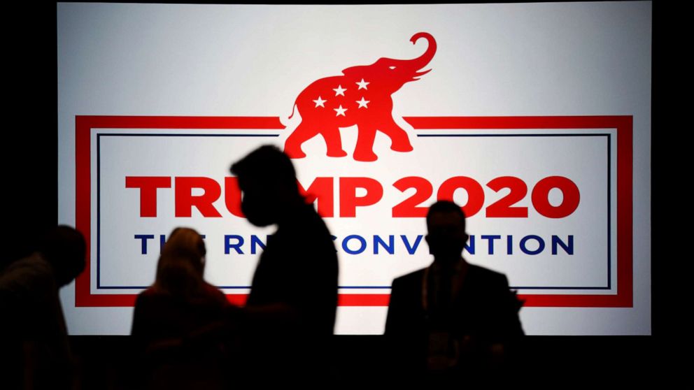 PHOTO: The room is set and delegates begin to arrive for the first day of the Republican National Convention, Aug. 24, 2020, in Charlotte.