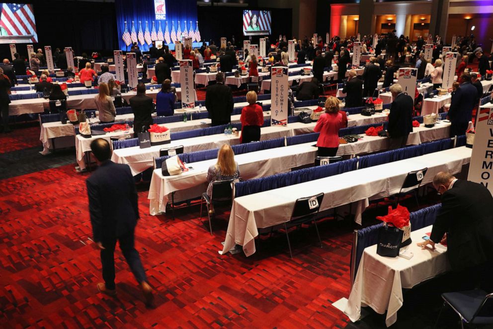 PHOTO: Delegates gather for the first day of the Republican National Convention, Aug. 24, 2020, in Charlotte.