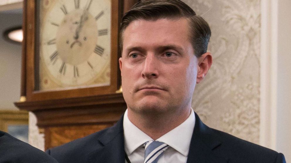  White House staff secretary Rob Porter looks on after President Donald Trump signed a proclamation in the Oval Office at the White House in Washington, D.C., Sept. 1, 2017.

					