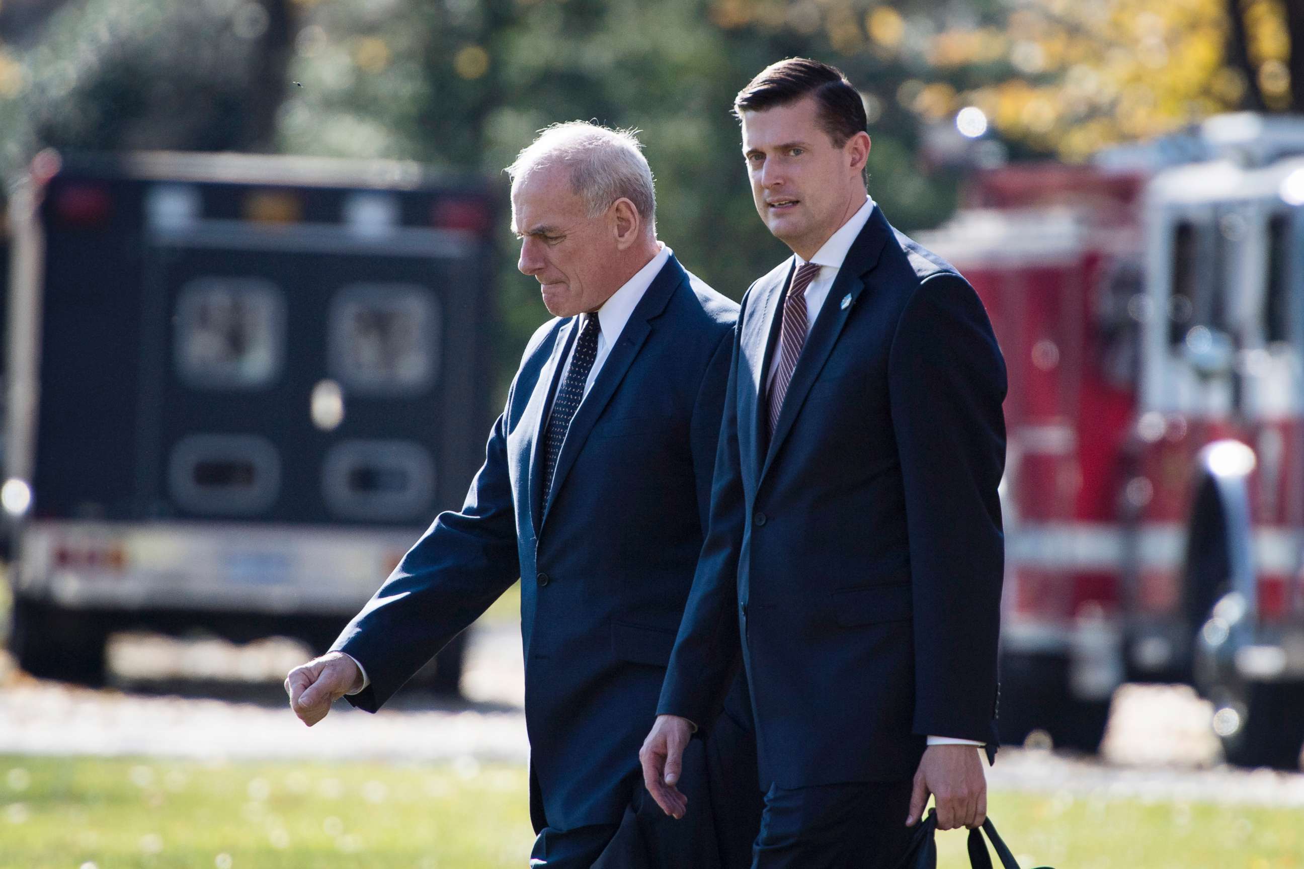 PHOTO: White House Chief of Staff John Kelly and Staff Secretary Rob Porter walk on the South Lawn of the White House in Washington, Nov. 29, 2017. 