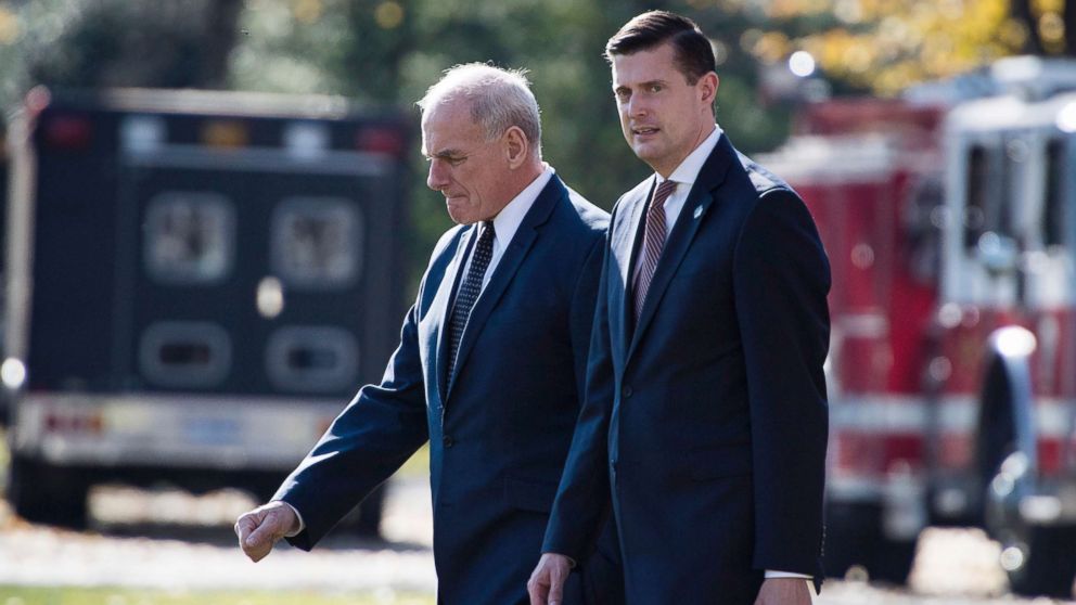 PHOTO: White House Chief of Staff John Kelly and Staff Secretary Rob Porter walk on the South Lawn of the White House in Washington, Nov. 29, 2017. 