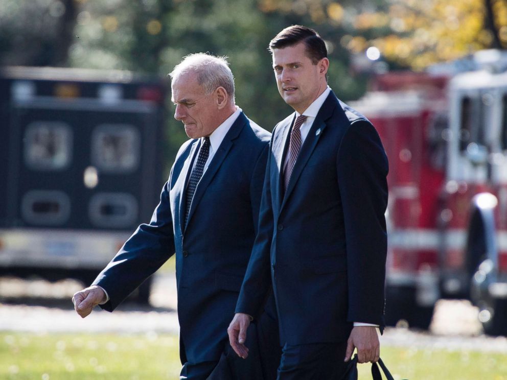 PHOTO: White House Chief of Staff John Kelly and Staff Secretary Rob Porter walk on the South Lawn of the White House in Washington, Nov. 29, 2017.