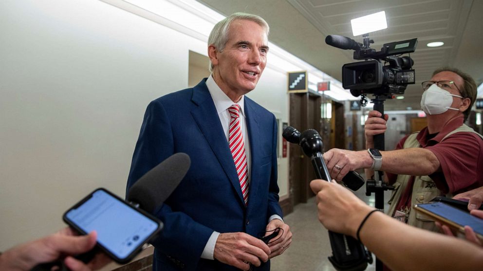PHOTO: Sen. Rob Portman speaks to members of the media as lawmakers work to advance the $1 trillion bipartisan infrastructure bill at the Capitol in Washington, D.C., Aug. 5, 2021.