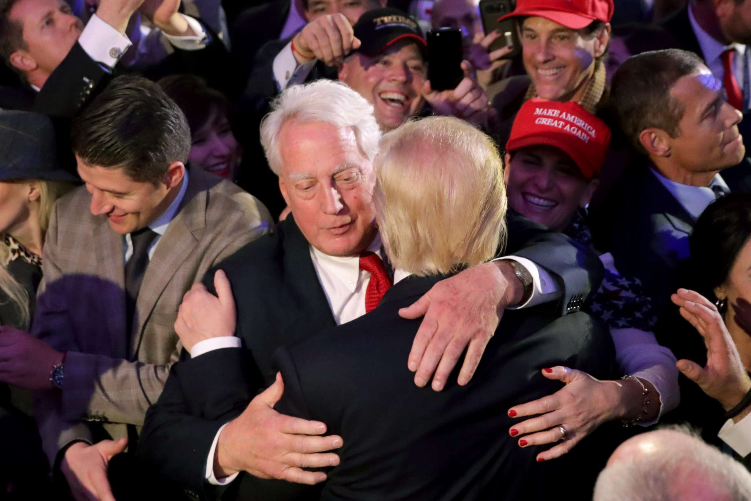 PHOTO: Robert Trump hugs his brother, Republican president-elect Donald Trump, after Donald Trump delivered his acceptance speech at the New York Hilton Midtown in the early morning hours of Nov. 9, 2016, in New York City.
