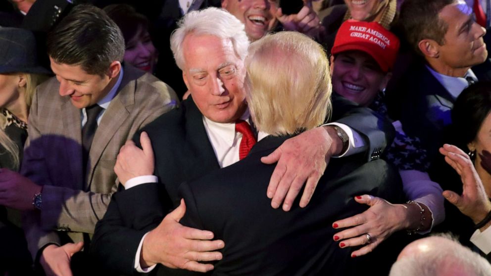 PHOTO: Robert Trump hugs his brother, Republican president-elect Donald Trump, after Donald Trump delivered his acceptance speech at the New York Hilton Midtown in the early morning hours of Nov. 9, 2016, in New York City.