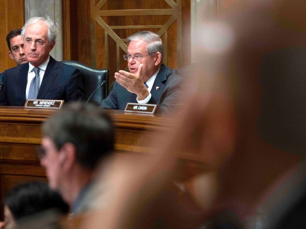 PHOTO: U.S. Senator Robert Menendez (C), questions U.S. Secretary of State nominee Mike Pompeo as he testifies before the Senate Foreign Relations Committee during his conformation hearing on Capitol Hill in Washington, DC, April 12, 2018.