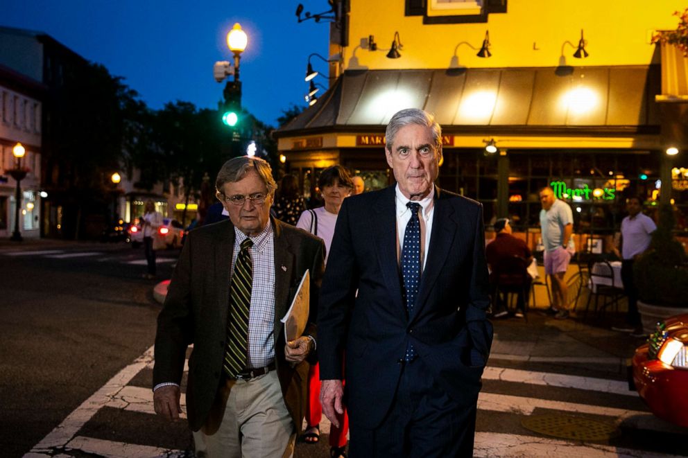 PHOTO: Special counsel Robert Mueller departs after having dinner at Martin's Tavern in Georgetown, May 6, 2019, in Washington.