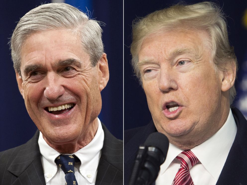 PHOTO: This file photo taken, Aug. 1, 2013, shows FBI Director Robert Mueller during a farewell ceremony in his honor in Washington, DC and President Donald Trump speaks to the press after holding meetings at Camp David, Jan. 6, 2018.