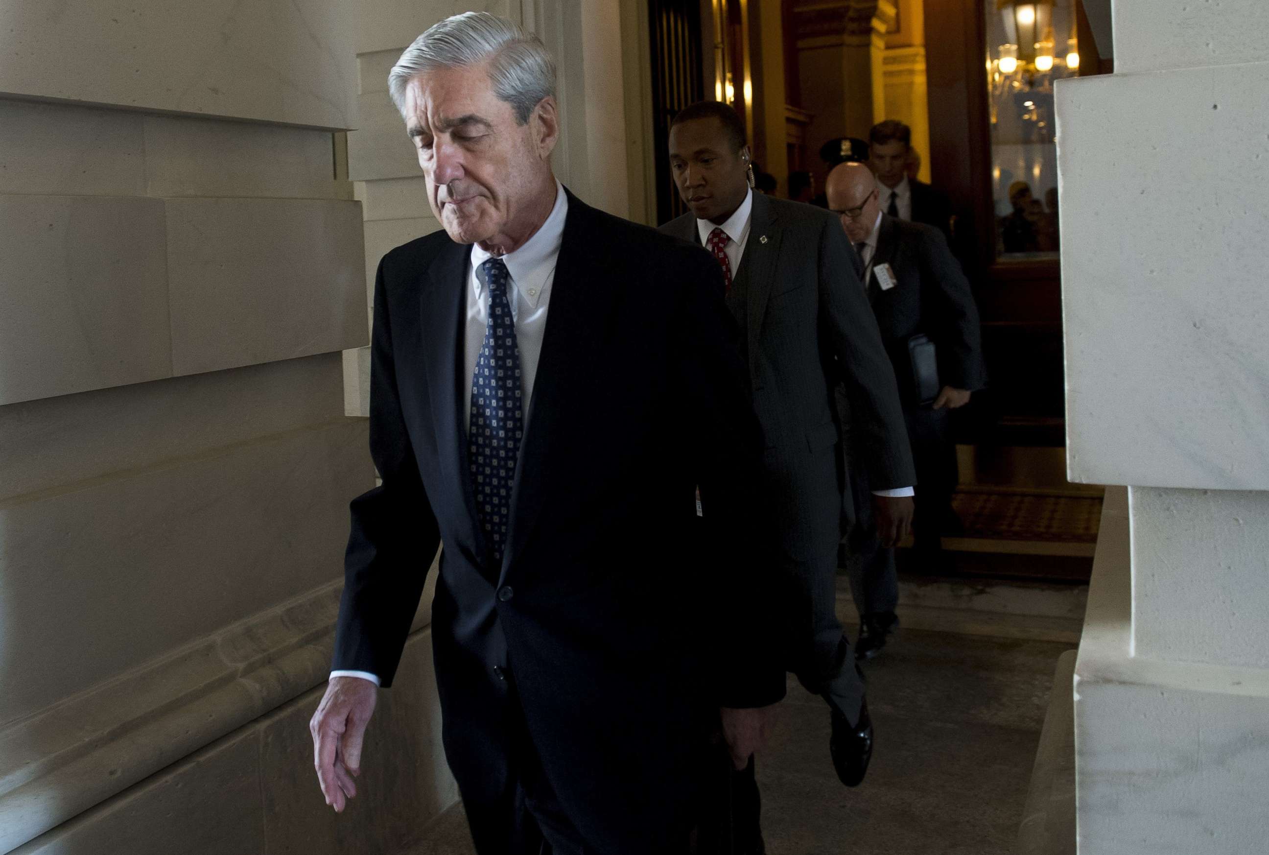 PHOTO: In this file photo taken on June 21, 2017, former FBI Director Robert Mueller, special counsel on the Russian investigation, leaves following a meeting with members of the US Senate Judiciary Committee at the US Capitol in Washington.