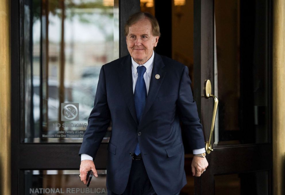 PHOTO: Rep. Robert Pittenger leaves the House Republican Conference meeting at the Capitol Hill Club in Washington, May 16, 2018.