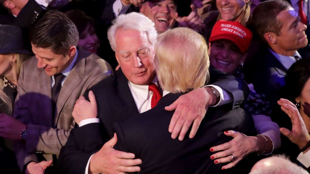 PHOTO: In this file photo, Republican president-elect Donald Trump hugs his brother Robert Trump after delivering his acceptance speech at the New York Hilton Midtown in the early morning hours of Nov. 9, 2016, in New York City.