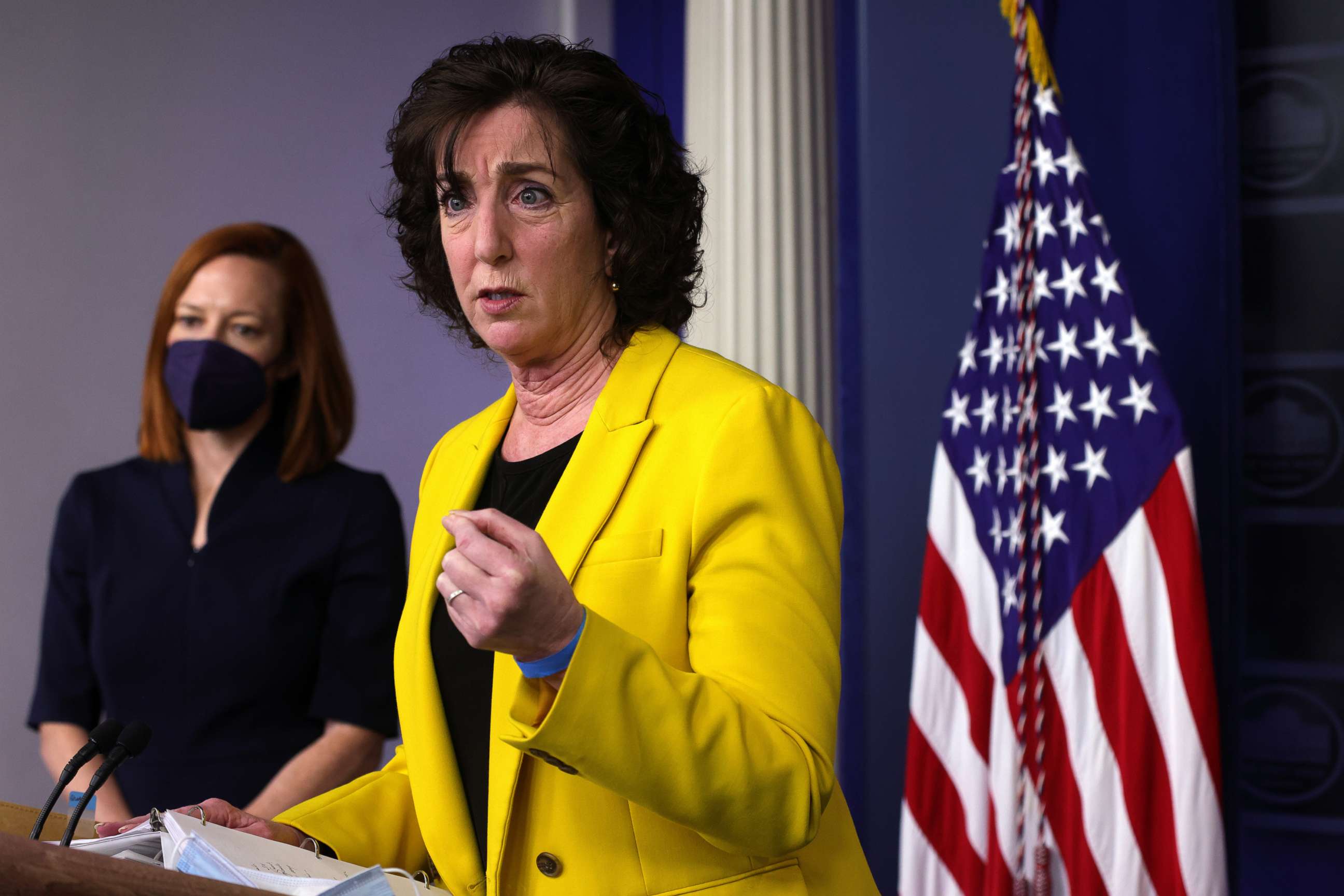 PHOTO: Special Assistant to the President & Coordinator for the Southern Border Ambassador Roberta Jacobson speaks as White House Press Secretary Jen Psaki listens during a daily press briefing at the White House, March 10, 2021, in Washington, D.C.