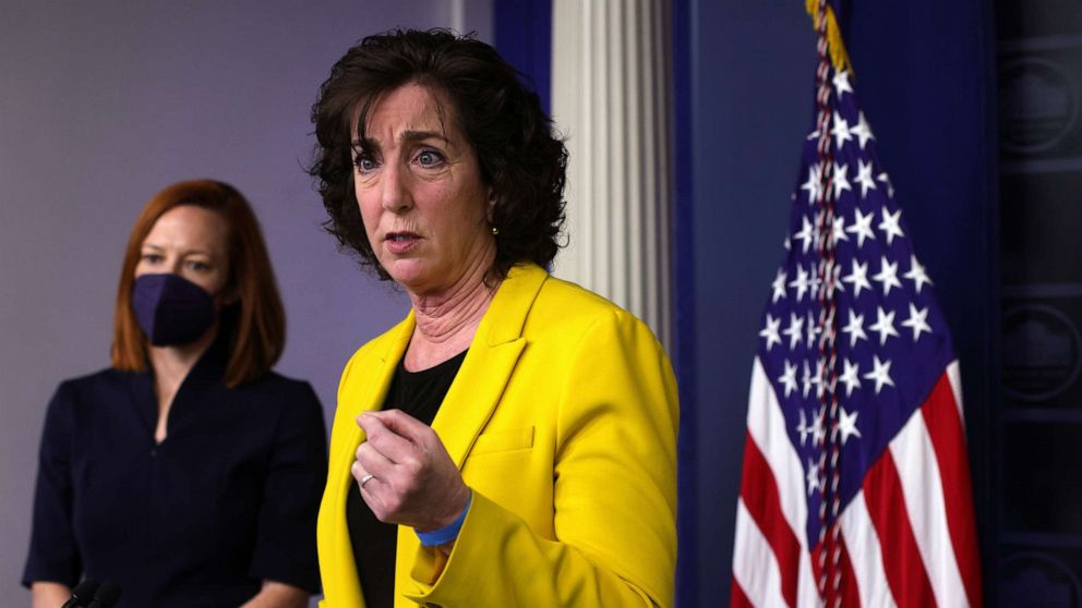 PHOTO: Special Assistant to the President & Coordinator for the Southern Border Ambassador Roberta Jacobson speaks as White House Press Secretary Jen Psaki listens during a daily press briefing at the White House, March 10, 2021, in Washington, D.C.