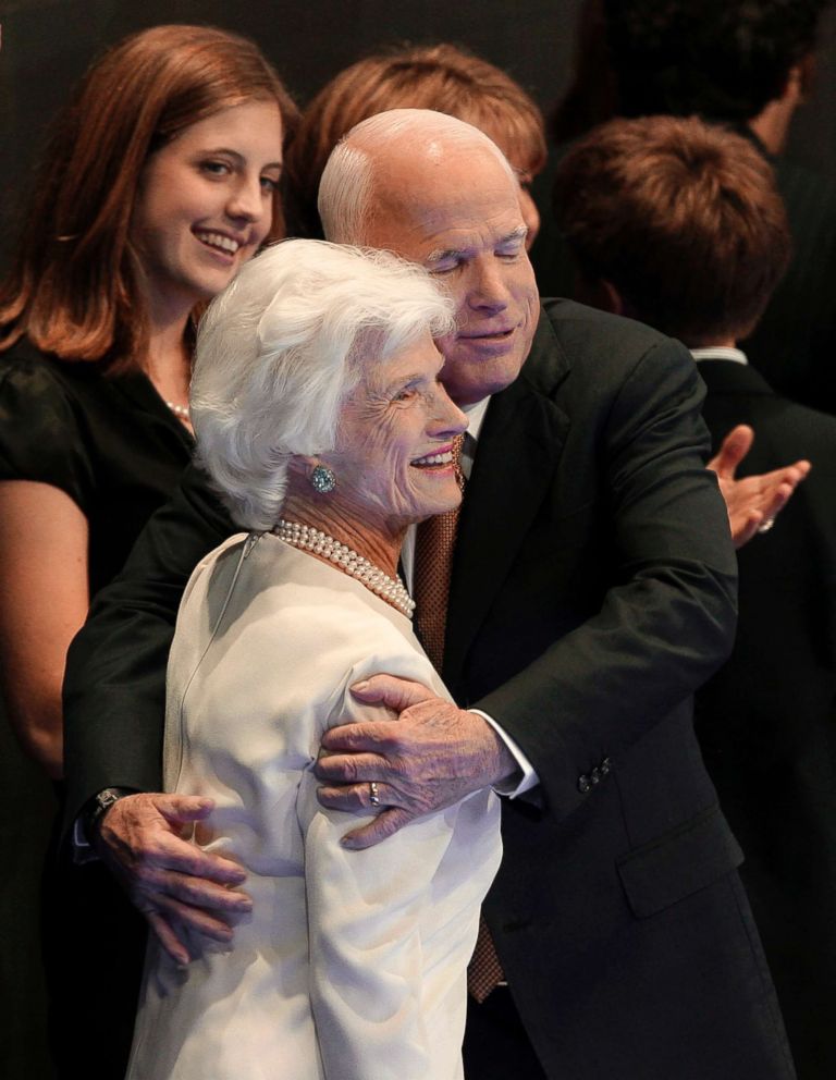 PHOTO: In this Sept. 4, 2008, file photo, Republican presidential nominee John McCain embraces his mother, Roberta, following his acceptance speech at the Republican National Convention in St. Paul, Minn.