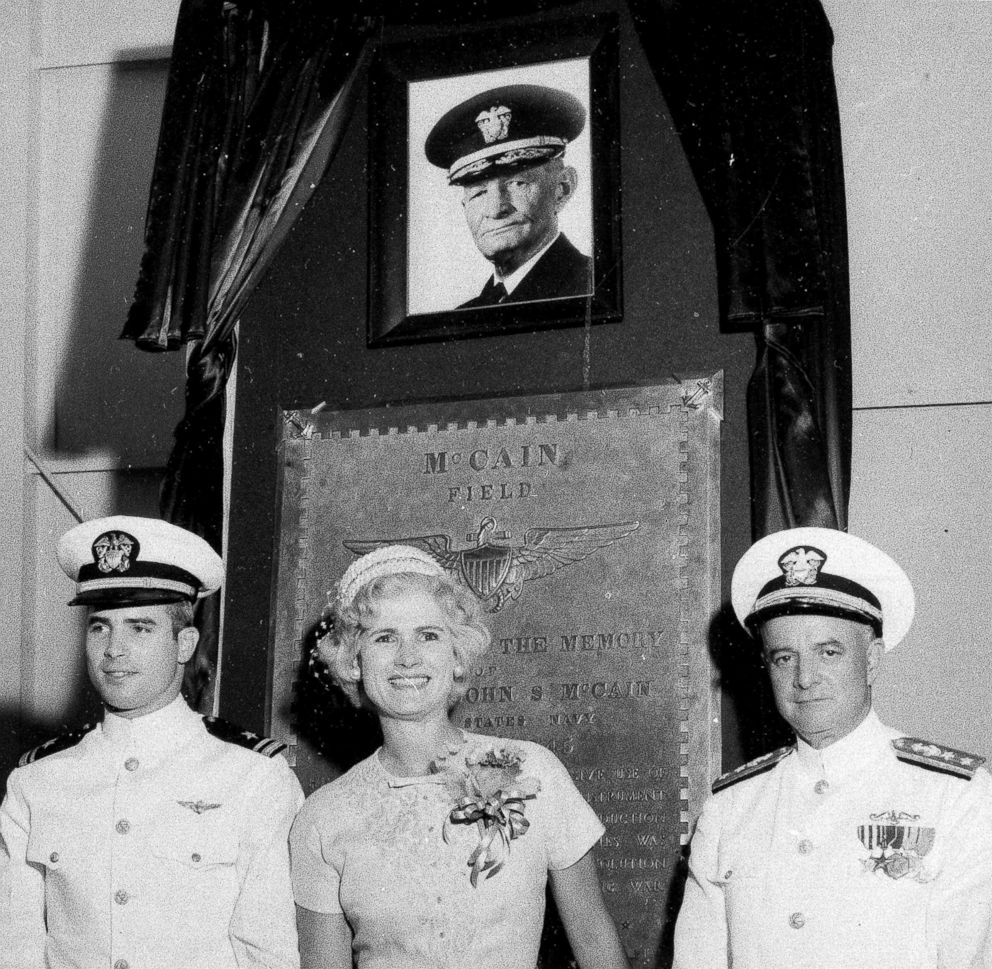 PHOTO: U.S. Navy Lt. John S. McCain III, left, and his parents, Rear Adm. John S. McCain Jr., right, and Roberta Wright McCain stand in front of a plaque with an image of his grandfather, Adm. John S. McCain in Meridian, Miss., July 14, 1961.