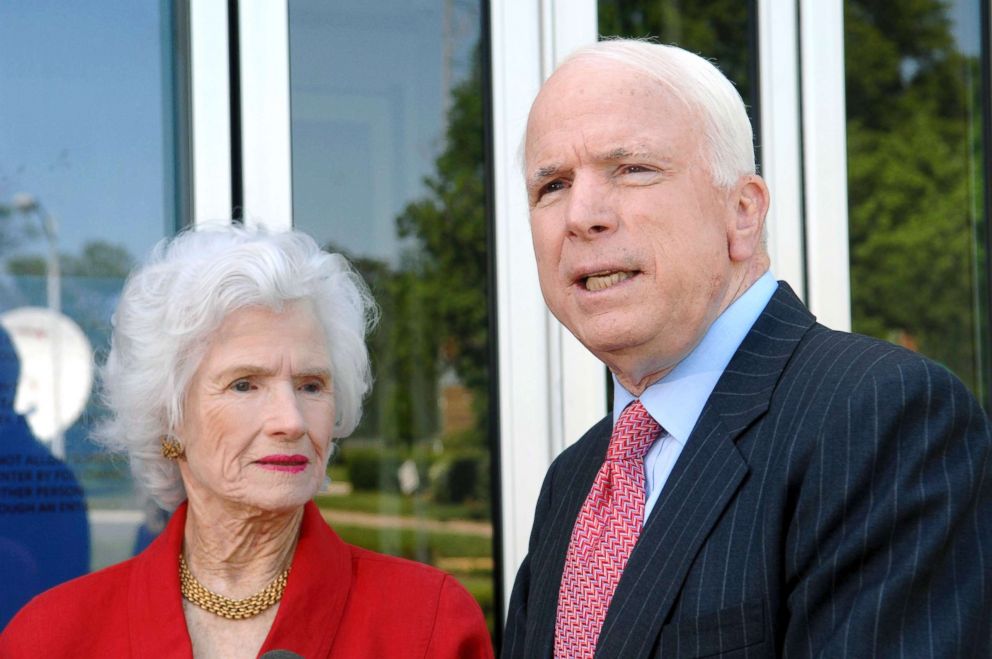 PHOTO: In this May 13, 2007, file photo, then-Republican presidential hopeful Sen. John McCain, talks to reporters with his mother, Roberta McCain, in Washington.