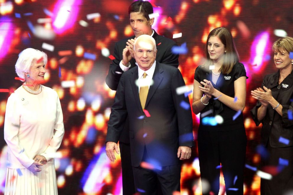 PHOTO: Confetti falls around Senator John McCain of Arizona, center, seen with his mother Roberta, left, and other members of his family, on day four of the Republican National Convention in St. Paul, Minnesota, Sept. 4, 2008.