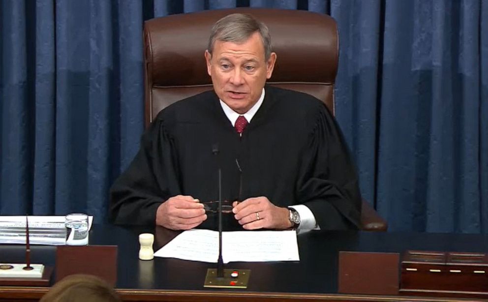PHOTO: In this screengrab taken from a Senate Television webcast, Supreme Court Chief Justice John Roberts presides over impeachment proceedings against President Donald Trump in the Senate at the Capitol, Jan. 24, 2020.