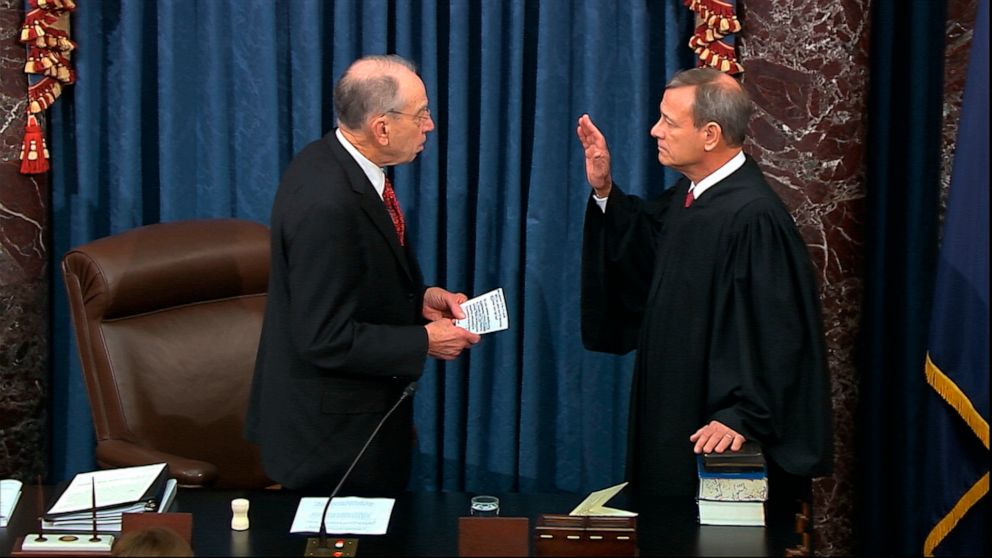 PHOTO: In this image from video, Sen. Chuck Grassley, R-Iowa., swears in Supreme Court Chief Justice John Roberts as the presiding officer for the impeachment trial of President Donald Trump in the Senate at the Capitol, Jan. 16, 2020. 