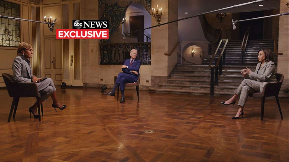PHOTO: "Good Morning America" co-anchor Robin Roberts conducts a joint interview with Democratic presidential nominee Joe Biden and his running mate Sen. Kamala Harris, Aug. 21, 2020.